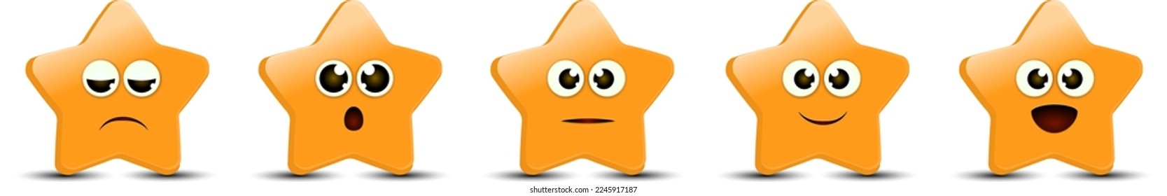 las estrellas de emoción de retroalimentación escalan aisladas en fondo blanco. Enoticon enojado, triste, neutral, satisfecho y feliz conjunto de emoticonos para la revisión de consumidor