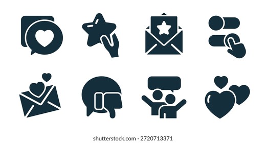 Feedback de excelente coleção de ícones. Classificação das estrelas, tipo mensagem, reação cardíaca, avaliação do utilizador, feedback positivo, clique de aprovação, classificação do comentário, símbolo de satisfação