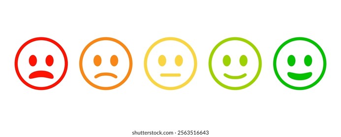 Feedback face icon set in different moods. Review smiley face collection. Service rating emoticon vector illustration. Bad, poor, average, good and excellent feedback marking. Face mood symbols.