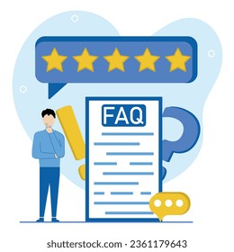 Feedback und FAQ-Illustration.Das Zeichen hinterlässt eine positive Bewertung mit einem 5-Sterne-Feedback zur Arbeit des FAQ-Abschnitts.Konzept der Bewertung FAQ und Feedback.Vektorgrafik.