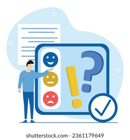 Feedback and FAQ illustration.The character leaves positive Feedback in the form of a happy emoticon to the FAQ section.  Concept of rating FAQ and Feedback.Vector illustration.