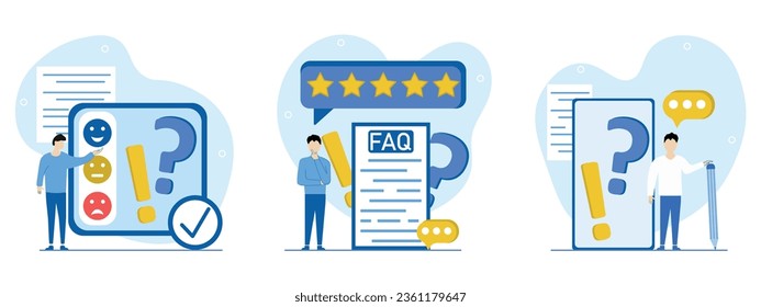 Feedback and FAQ illustration set.  The characters evaluate the quality of the FAQ service using an emoticon, leave feedback,ask questions and get answers.Concept of rating FAQ and Feedback.