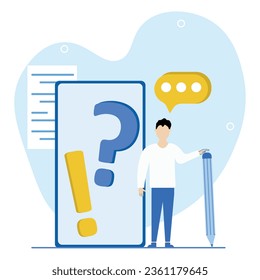 Feedback and FAQ illustration.A young man asks questions, receives answers and comments on some FAQ. Concept of rating FAQ and Feedback.Vector illustration.