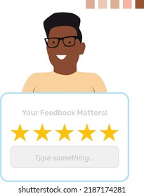 Feedback and Five star rating illustration with African happy face illustration. Editable feedback concept backdrop with all skin colors