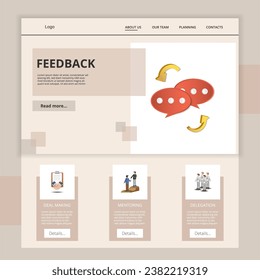 Feedback flat landing page website template. Deal making, mentoring, delegation. Web banner with header, content and footer. Vector illustration.