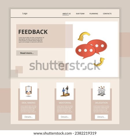 Feedback flat landing page website template. Deal making, mentoring, delegation. Web banner with header, content and footer. Vector illustration.