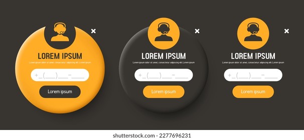 Formulario de comentarios. Formulario de llamada gratis, llámame. Formas redondeadas de color naranja y negro con un estilo de claymorfismo. Vector clipart. 