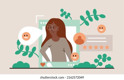 Feedback form survey online questionnaire with character. People review satisfaction on computer vector illustration concept. Research user support and criticism customer. Quality rating like service 