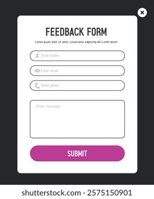 Feedback form. Form template for the user interface of websites, applications, landing pages, etc. Vector illustration isolated on black background.