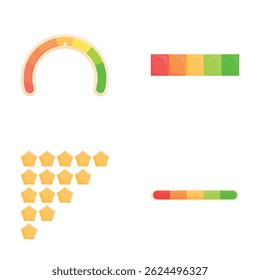 Feedback gauge icons set cartoon vector. Customer satisfaction indicator. Survey client, review rating