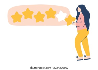 Feedback. The girl puts five stars. Feedback from a woman. Vector illustration. Feedback concept. Vector illustration . Flat style.