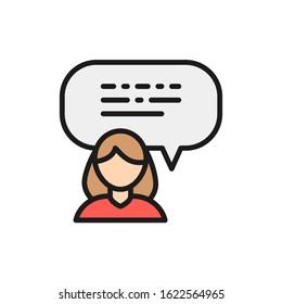 Feedback from the girl, speech bubble flat color line icon.