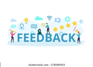 Feedback und fünf Sterne Konzept mit funktionierenden Zeichen. Idee von Kundenbewertungen und Beratung Service. Vector flache Zeichentrickdarstellung isoliert auf weißem Hintergrund