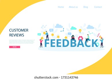 Feedback and giving five stars concept with working characters. Idea of customer reviews and advice service. Vector flat cartoon illustration isolated on white background