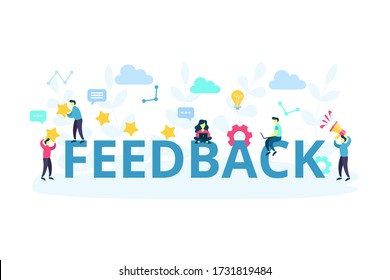 Feedback and giving five stars concept with working characters. Idea of customer reviews and advice service. Vector flat cartoon illustration isolated on white background