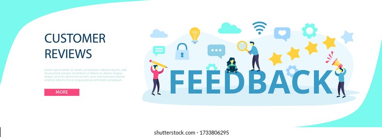 Feedback and giving five stars concept with working characters. Idea of customer reviews and advice service. Vector flat cartoon illustration isolated on white background