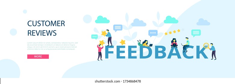 Feedback and giving five stars concept with working characters. Idea of customer reviews and advice service. Vector flat cartoon illustration isolated on white background