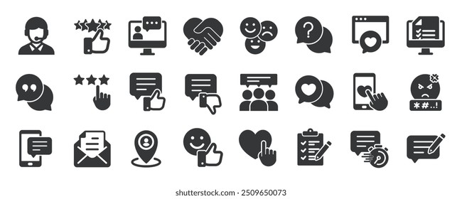 colección de iconos sólidos de glifo de Comentarios. Contiene testimonios, Asistencia, comunicación, revisión, satisfacción. Icono mínimo y Ilustración vectorial de la serie de símbolos