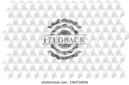 Feedback grey emblem with geometric cube white background