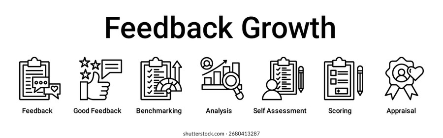 Concepto de Ilustración vectorial de ícono de Web de Anuncio de crecimiento de Comentarios para educación con ícono de Comentarios, buen Comentarios, evaluación comparativa, análisis, autoevaluación, calificación.