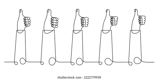 Feedback. Hands with thumbs up. Continuous line drawing. Hand drawn vector illustration. 
