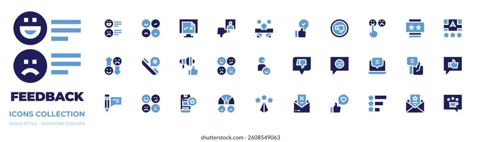 Feedback icon collection. Bold style. Duotone colors. feedback, rating, customersatisfaction, like, quality, computer, dislike, review, satisfaction.