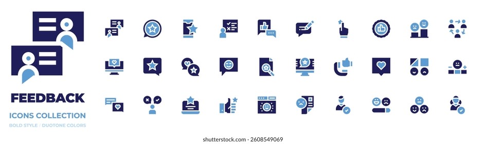 Feedback icon collection. Bold style. Duotone colors. survey, evaluate, bestcustomerexperience, blog, team, assessment, feedback, like, goodreview, user.