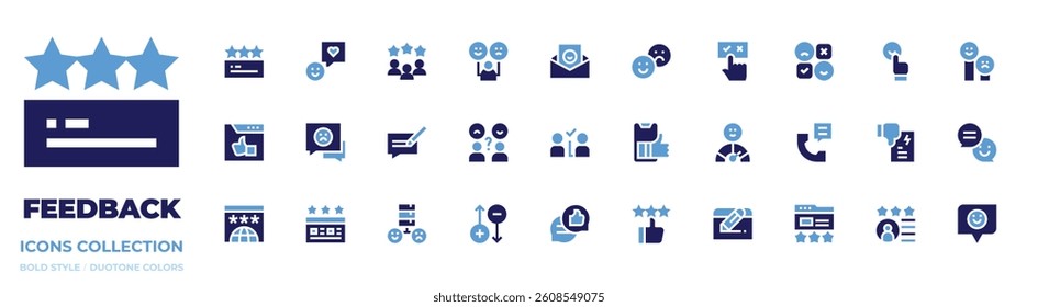 Feedback icon collection. Bold style. Duotone colors. customerbehavior, reaction, happyclient, feedback, review, rating, choice, satisfaction, rate.