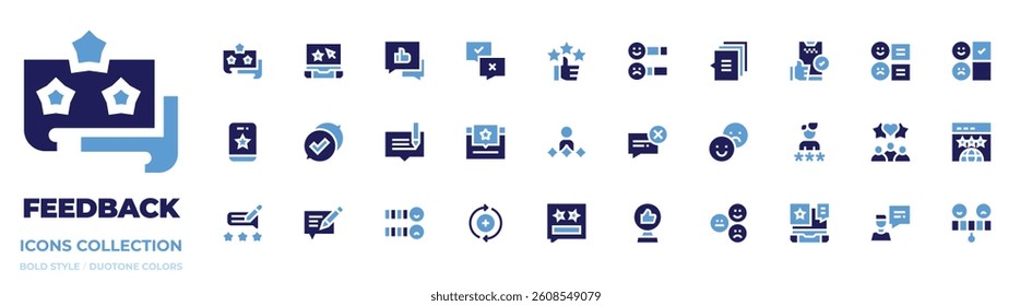 Feedback icon collection. Bold style. Duotone colors. chat, rating, review, like, feedback, qualitycontrol, customerfeedback, satisfaction, opinion.