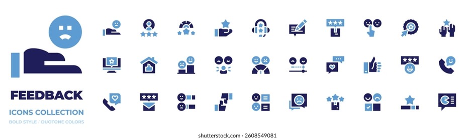 Feedback icon collection. Bold style. Duotone colors. feedback, rating, review, accountable, performance, deliverybox, sad, favourite, reaction, thumbup.
