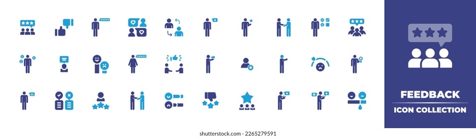 Feedback icon collection. Duotone color. Vector illustration. Containing feedback, good review, customer feedback, review, suggest, testimonial, client, thumb up, unsatisfied, pros and cons, rating.