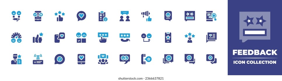 Feedback icon collection. Duotone color. Vector illustration. Containing message, chat, good review, feedback, love, meter, acknowledgement, unhappy, conversation, review, podcast, stars, phone call.