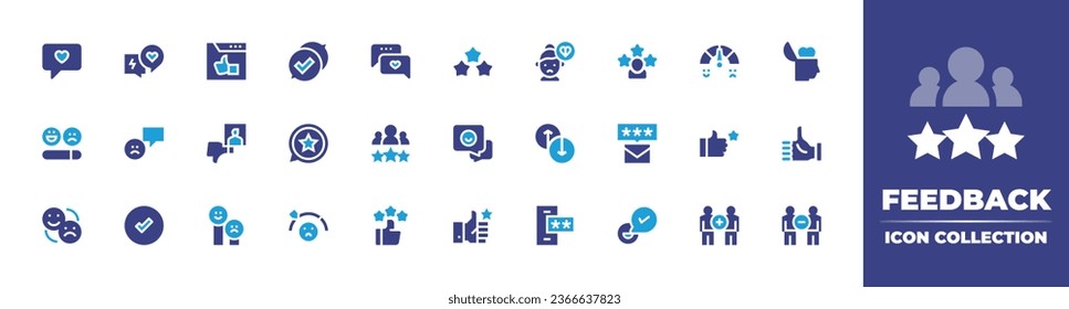 Feedback icon collection. Duotone color. Vector illustration. Containing positive review, feedback, review, best customer experience, chat, engagement, unsatisfied, customer satisfaction, emotions.