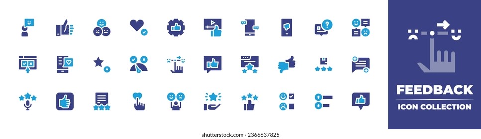Feedback icon collection. Duotone color. Vector illustration. Containing thumbs up, like, rate, review, rating, meter, customer satisfaction, thumb up, online survey, social media, settings, video.