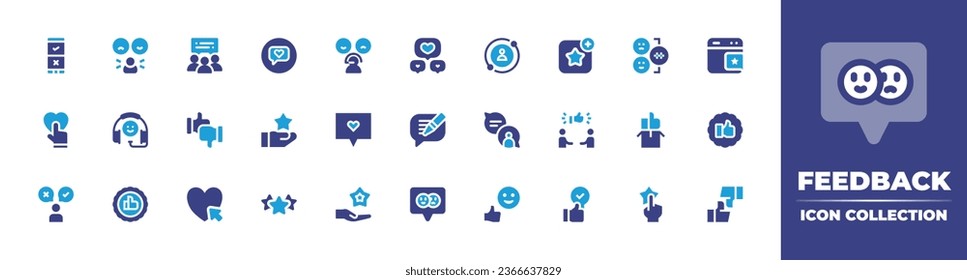 Feedback icon collection. Duotone color. Vector illustration. Containing feedback, like, chat bubble, survey, reaction, stars, favorite, customer satisfaction, rate, audience, evaluate, love, write.