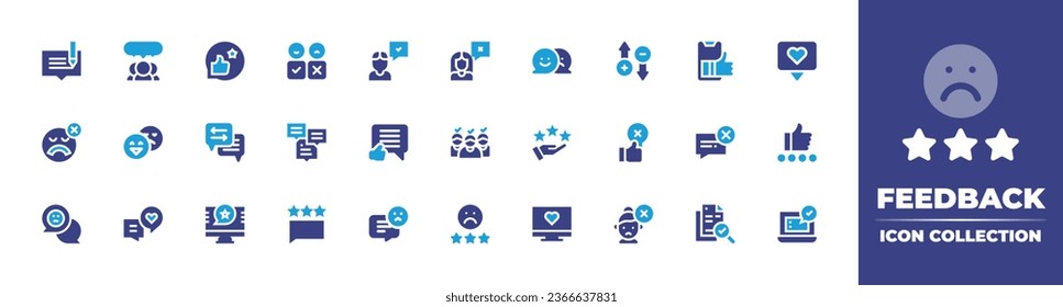 Feedback icon collection. Duotone color. Vector illustration. Containing customer feedback, feedback, bad review, chat, feed back, satisfied, comment, score, document, check, customer, emoji, review.