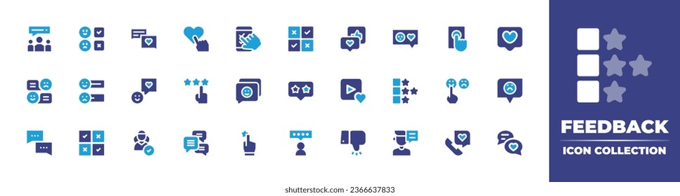 Feedback icon collection. Duotone color. Vector illustration. Containing chat box, happy client, like, user, rating, feedback, favorite, dislike, customer, smileys, love, review, love message.