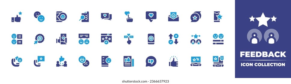 Feedback icon collection. Duotone color. Vector illustration. Containing suggest, rating, evaluate, review, thumbs up, negative review, reviews, survey, favourite, chat, like, satisfaction, call.