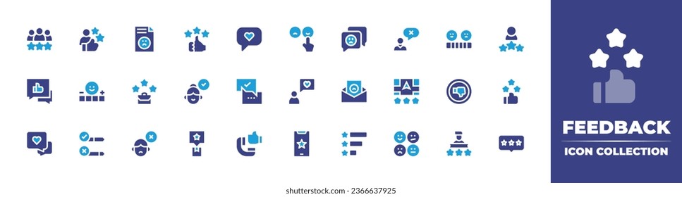 Feedback icon collection. Duotone color. Vector illustration. Containing like, rating, choice, feedback, quality control, good review, review, customer satisfaction, dislike, bad rating, disagree.