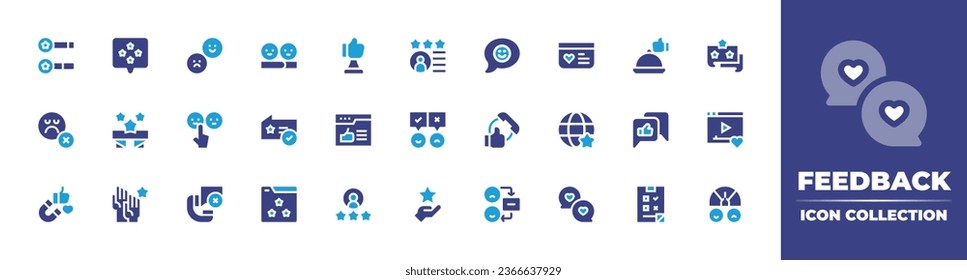 Feedback icon collection. Duotone color. Vector illustration. Containing smileys, chat, rating, customer satisfaction, call, good comment, stars, review, evaluate, award, magnet, accountable, thumbs.