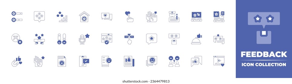 Feedback icon collection. Duotone style line stroke and bold. Vector illustration. Containing accountable, rating, chat, like, good review, customer satisfaction, review, stars, satisfied, report.