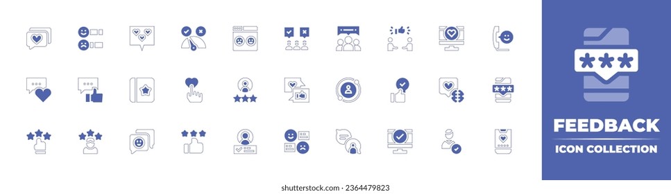 Feedback icon collection. Duotone style line stroke and bold. Vector illustration. Containing feedback, rate, brand engagement, suggest, like, review, comment, checked, love, customer satisfaction.