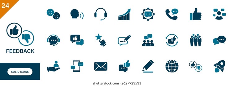 Feedback-Symbol. Enthaltend Kundenbetreuung, Schreiben Rezension, Qualität, Chat, Kommunikation. Feste Vektorsymbole.