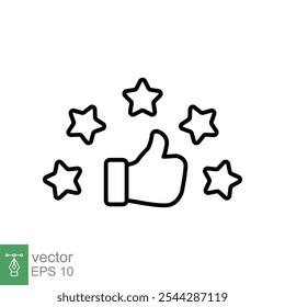 Icono de Comentarios. Calificación de revisión Cliente con 5 estrellas y pulgar hacia arriba, tasa de estrellas, buena calidad, concepto de confianza. Diseño de Ilustración vectorial de línea delgada sobre fondo blanco. EPS 10.
