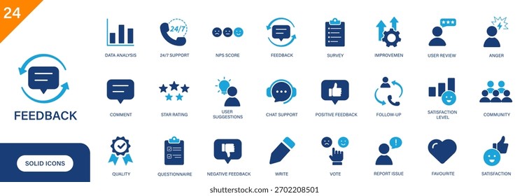 Ícone Comentários. Inclui análise do usuário, satisfação, classificação de estrelas, problema de relatório, suporte ao cliente. Conjunto de ícones de vetor sólido.