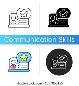 Icono de comentarios. Estilos de color negras y RGB lineales. Servicio de evaluación en línea, gestión de recursos humanos. Capacidades de autopresentación. CV candidato, evaluación de currículum vítae. Ilustraciones vectoriales aisladas