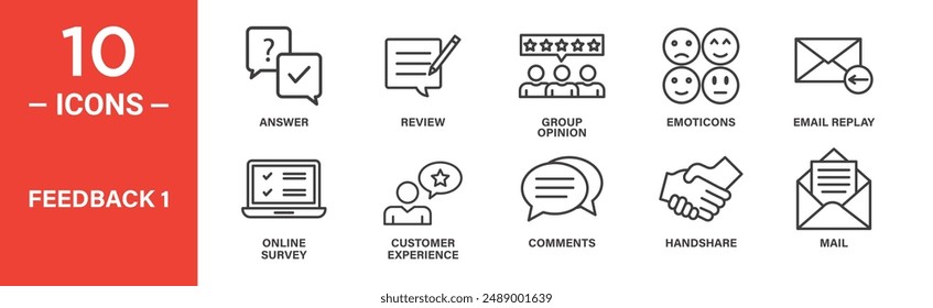 Conjunto de iconos de Comentarios. respuesta, revisión, opinión de grupo, emoticonos, reproducción de correo electrónico, iconos. colección de iconos esquematizados. Ilustración vectorial.