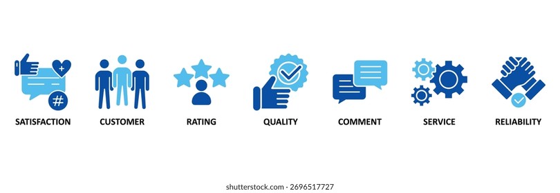 Conjunto de iconos de Comentarios en estilo azul, Ilustración vectorial de satisfacción, Cliente, calificación, calidad, comentario, servicio y confiabilidad