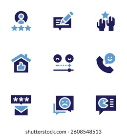Feedback icon set. Bold style. Duotone colors. review, feedback, accountable, property, satisfied, customerreview, rating, badreview.