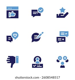 Feedback icon set. Bold style. Duotone colors. feedback, goodfeedback, customerreview, chat, dislike, review, rating.